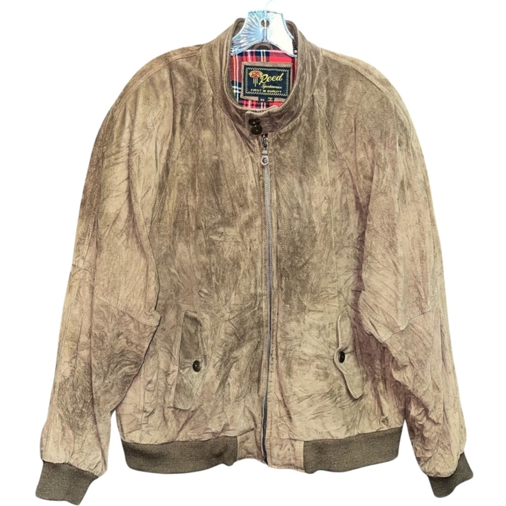 Vintage 70s Suede Leather Jacket Brown Plaid Lining size 44